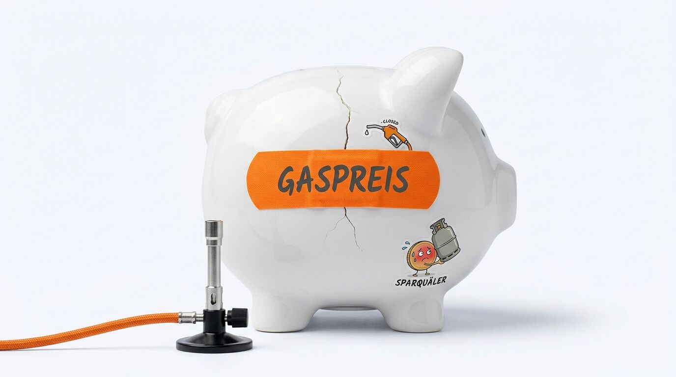 Zerbrochenes Sparschwein mit Pflaster „Gaspreis“, Bunsenbrenner daneben, Grafik „Sparquäler“ unten