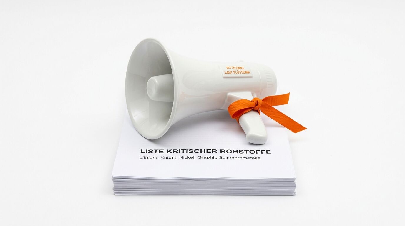 Ein Megafon mit orangefarbenem Band liegt auf einem Stapel Papier mit Text