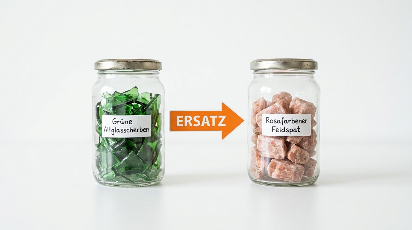 Zwei Gläser: grüne Scherben ersetzt durch rosa Feldspat, verbunden durch Pfeil