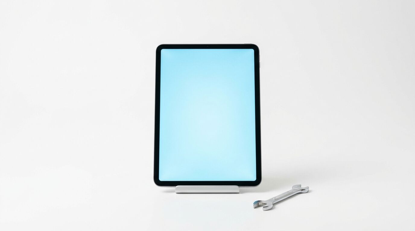 Tablet mit hellblauem Display, Stift und Schraubenschlüssel auf grauem Hintergrund