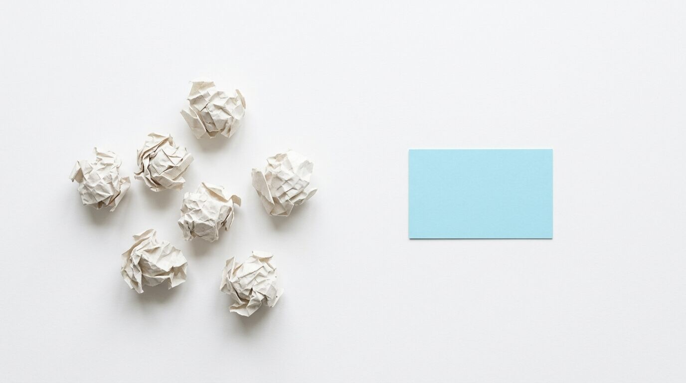 Weiße Papierkugeln links, blauer Notizblock rechts auf hellem Hintergrund