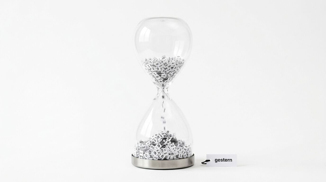 Gläserne Sanduhr gefüllt mit Zahlenpapierchen und Schild „gestern“ auf weißem Grund