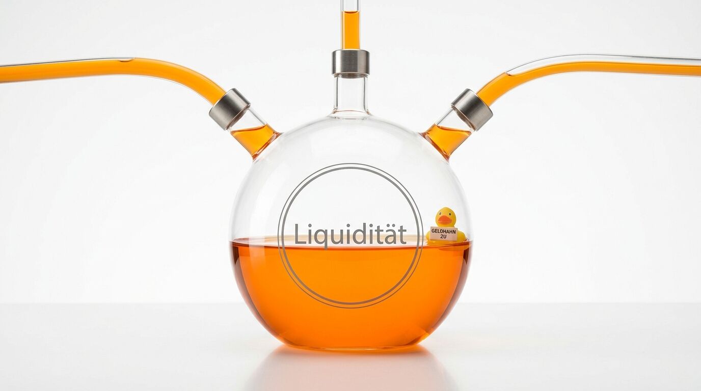 Ein Kolben mit orange Flüssigkeit, Beschriftung