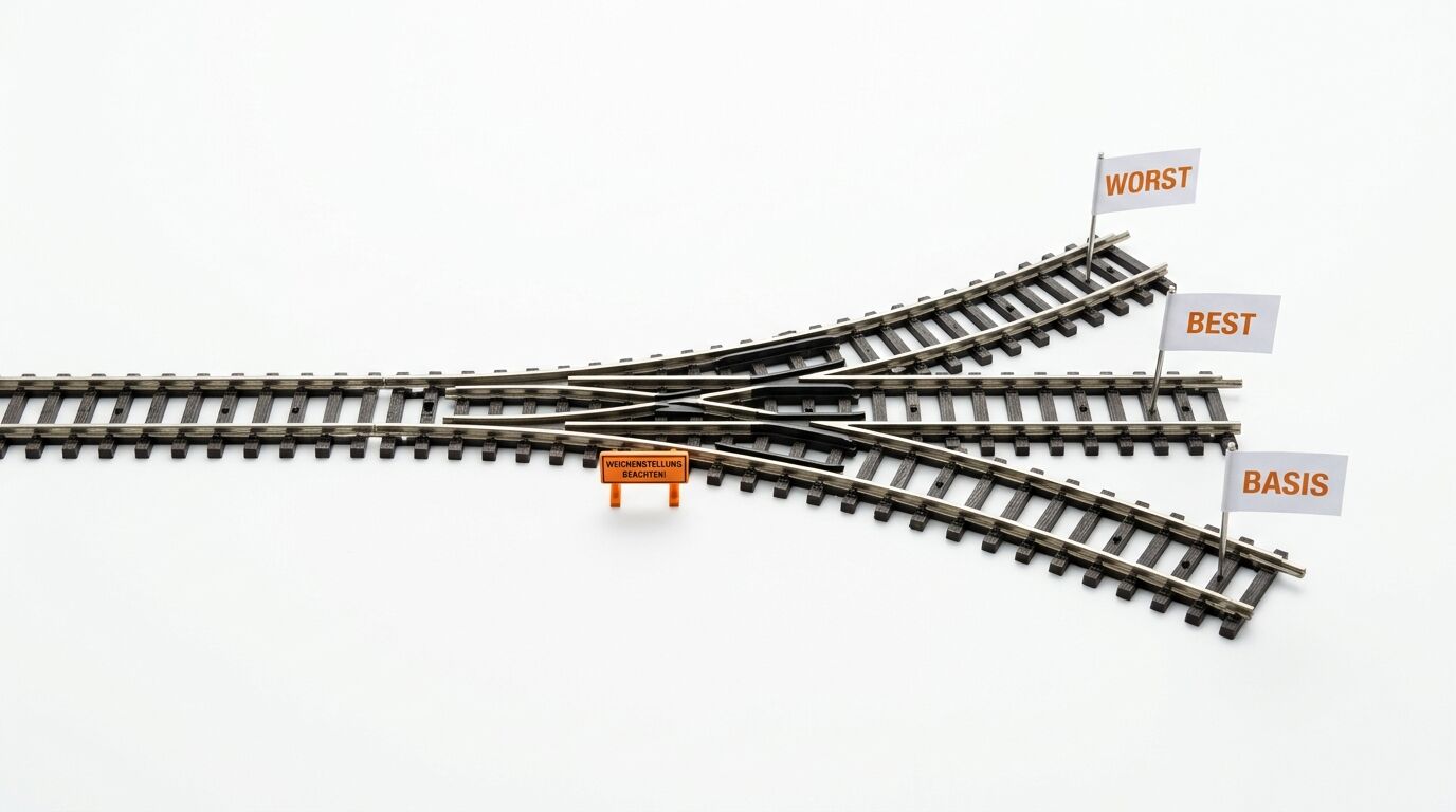 Modelleisenbahnweiche mit den drei Pfaden „Worst“, „Best“ und „Basis“ auf Fähnchen