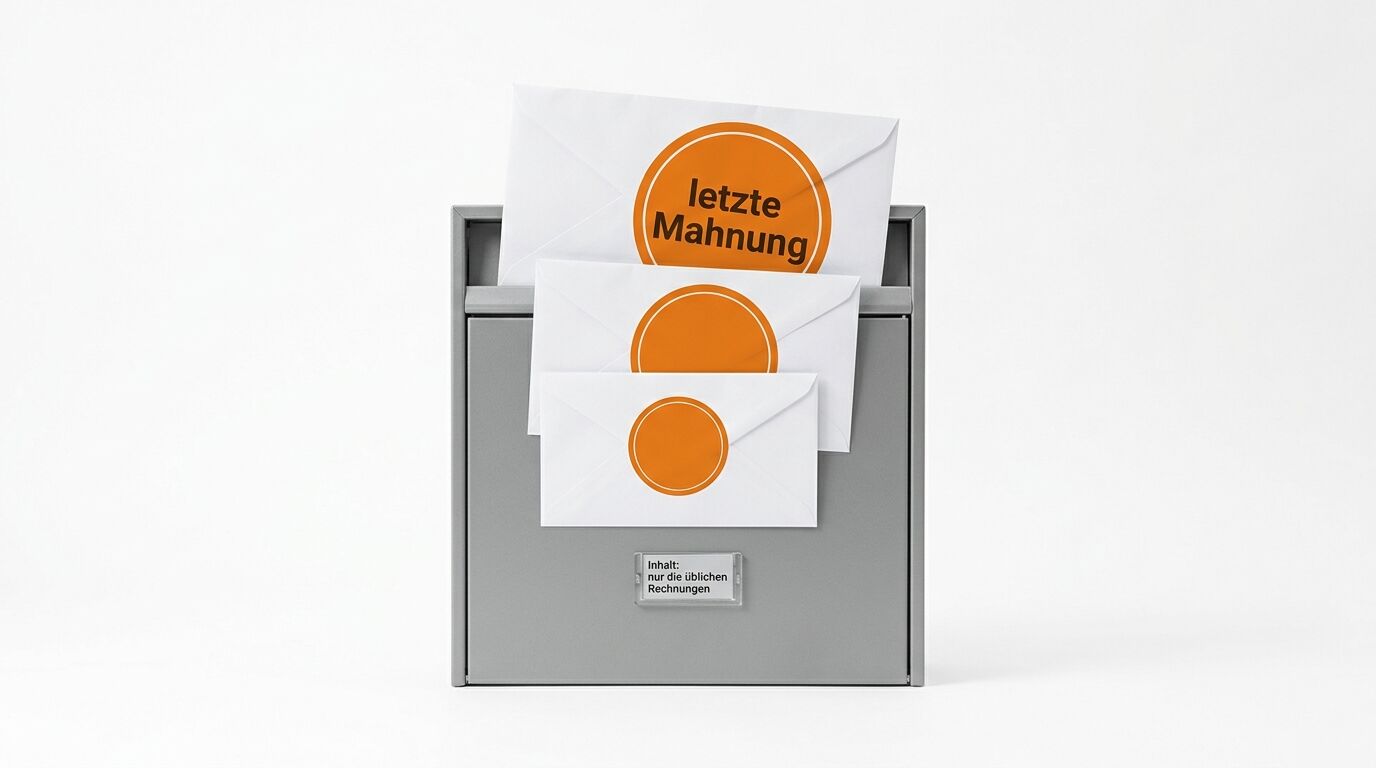 Grauer Briefkasten mit drei Briefen, oberster mit Aufkleber „letzte Mahnung“