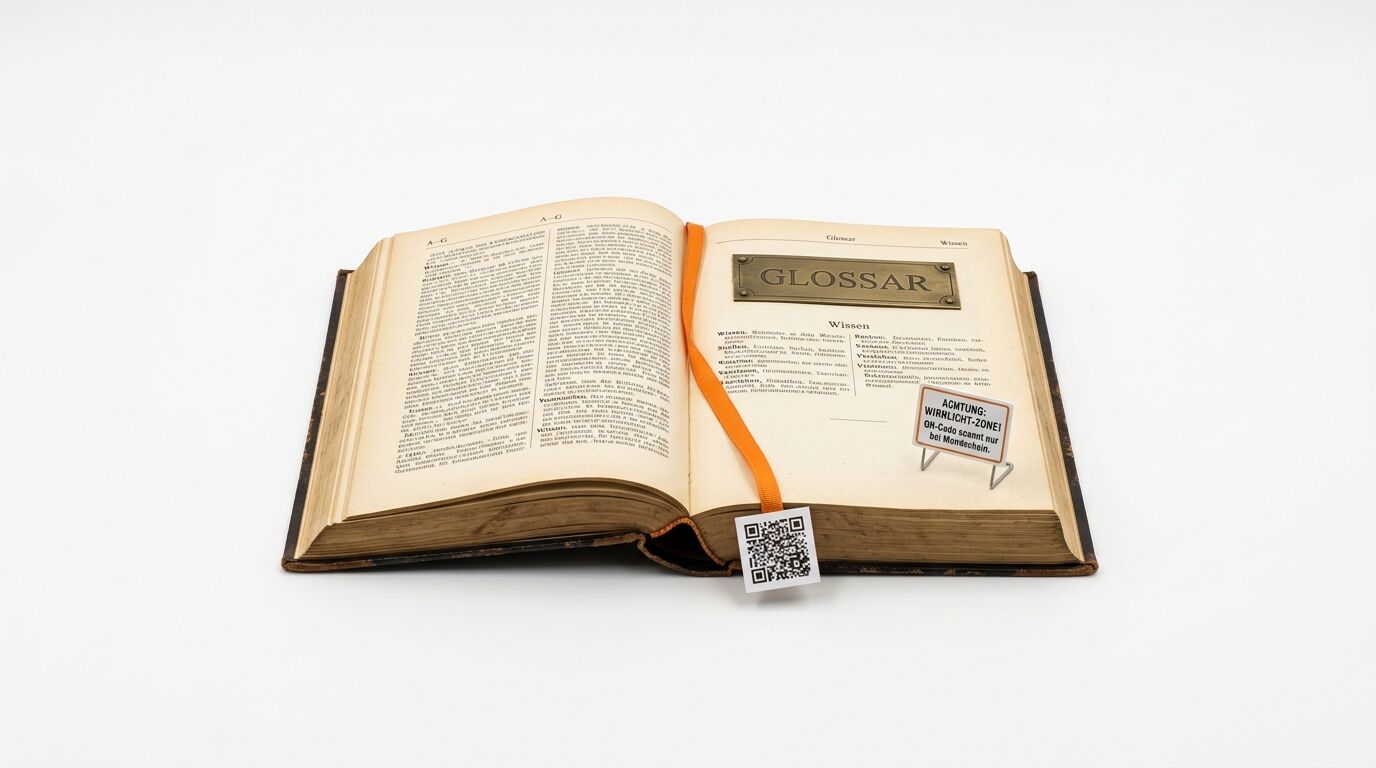 Aufgeschlagenes Buch, rechtes Blatt mit Metallplakette „GLOSSAR“ und kleinem QR-Code-Lesezeichen