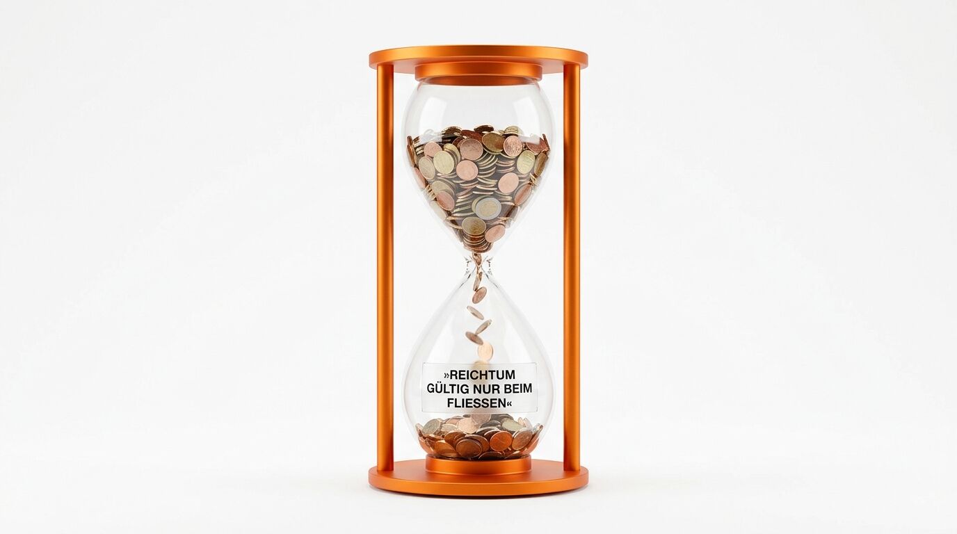 Sanduhr mit Münzen statt Sand vor weißem Hintergrund, unten mit dem Text „REICHTUM GÜLTIG NUR BEIM FLIESSEN“
