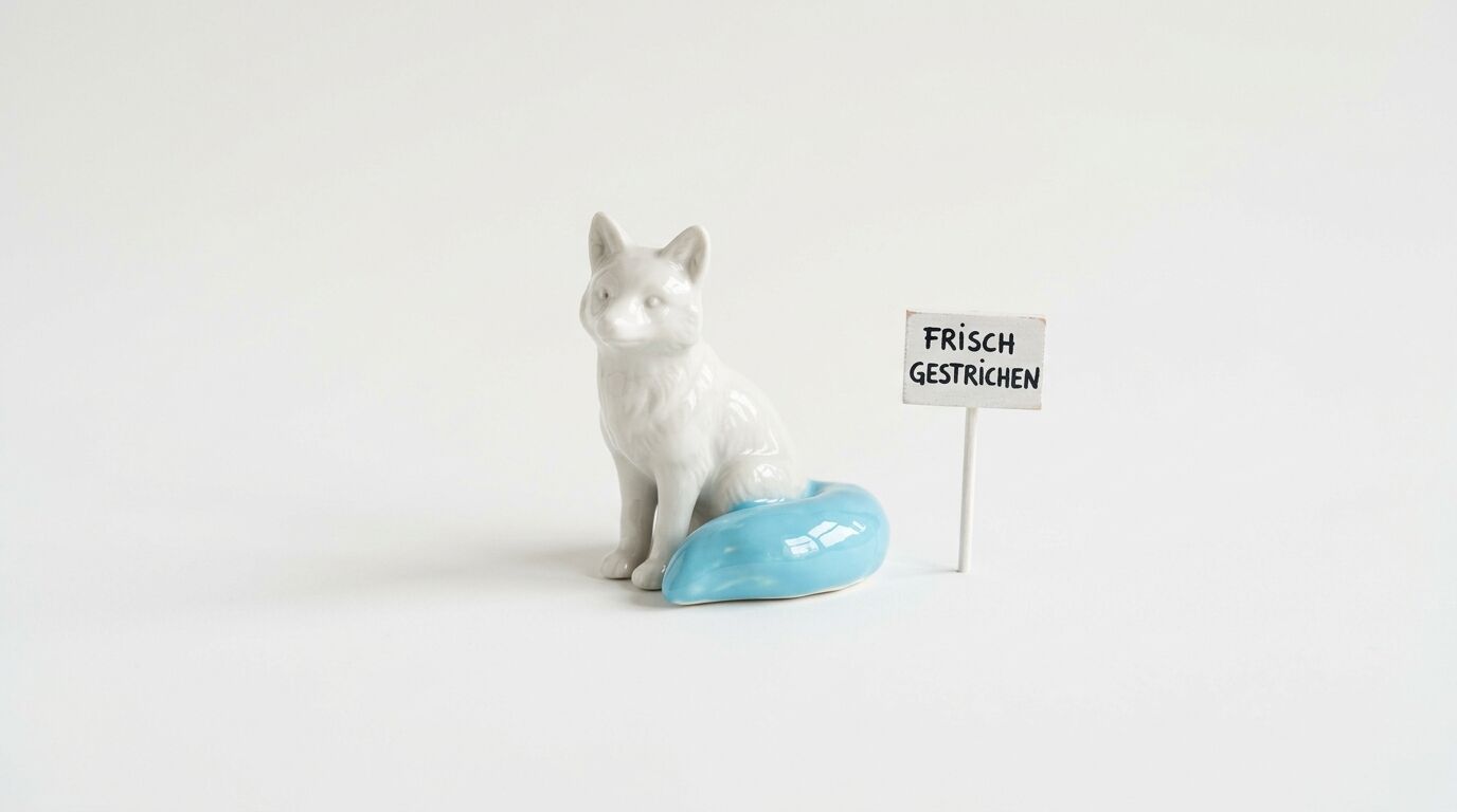 Porzellanfuchs mit blauem Schwanz und Schild „FRISCH GESTRICHEN“