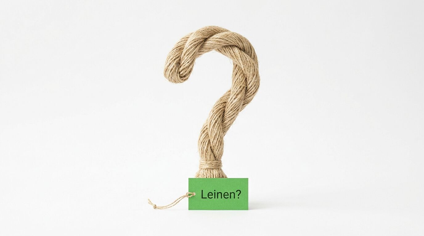Ein Seil formt ein Fragezeichen über einem grünen Etikett mit dem Wort „Leinen?“