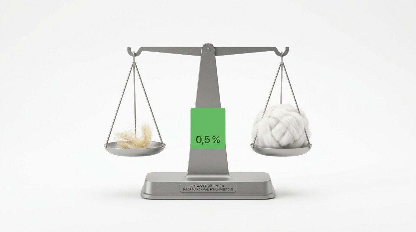 Balkenwaage mit Haaren (links), Wattebausch (rechts) und Digitalanzeige „0,5 %“ vor weißem Hintergrund