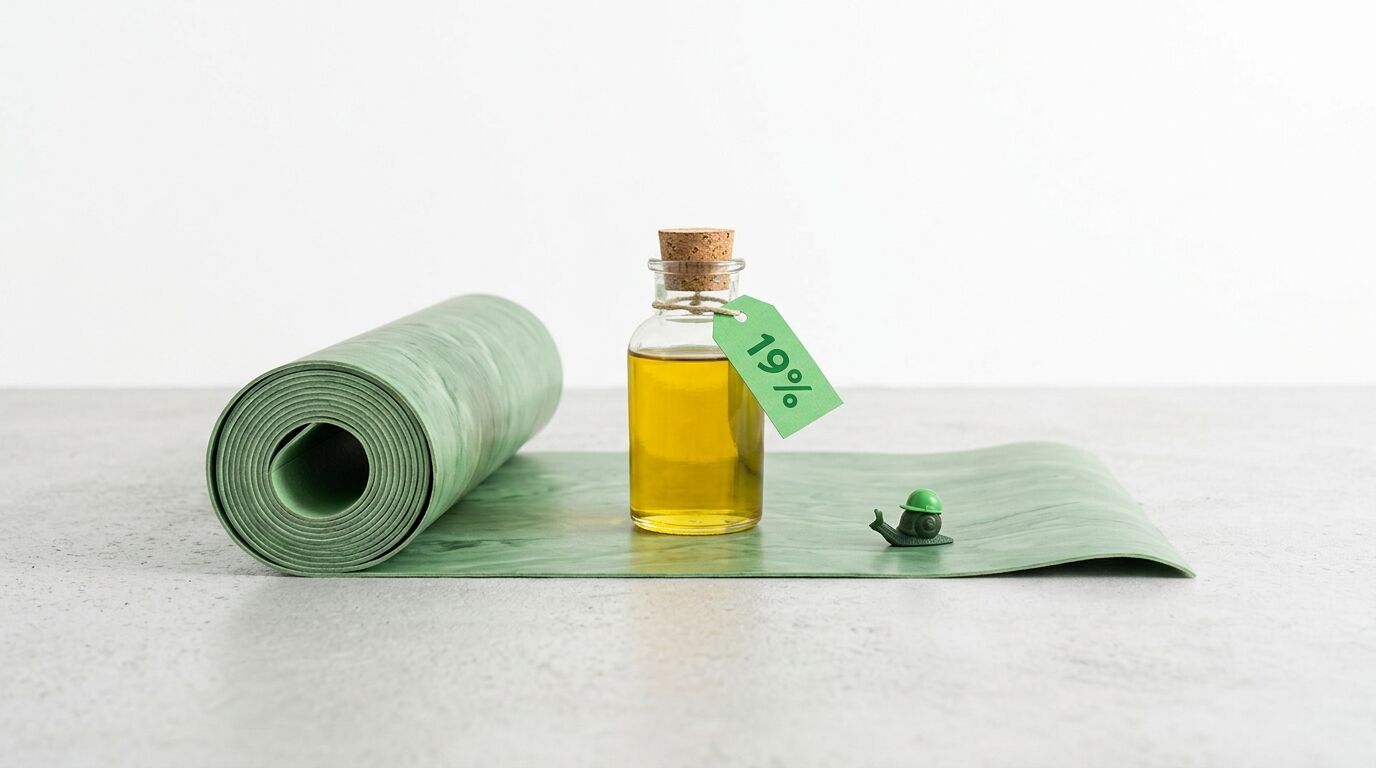 Grüne Yogamatte mit einer Flasche Öl, die einen 19%-Anhänger trägt
