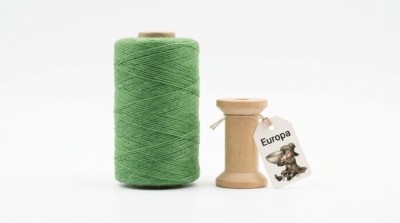 Eine Rolle grünes Garn und eine leere Holzspule mit Etikett auf weißem Grund