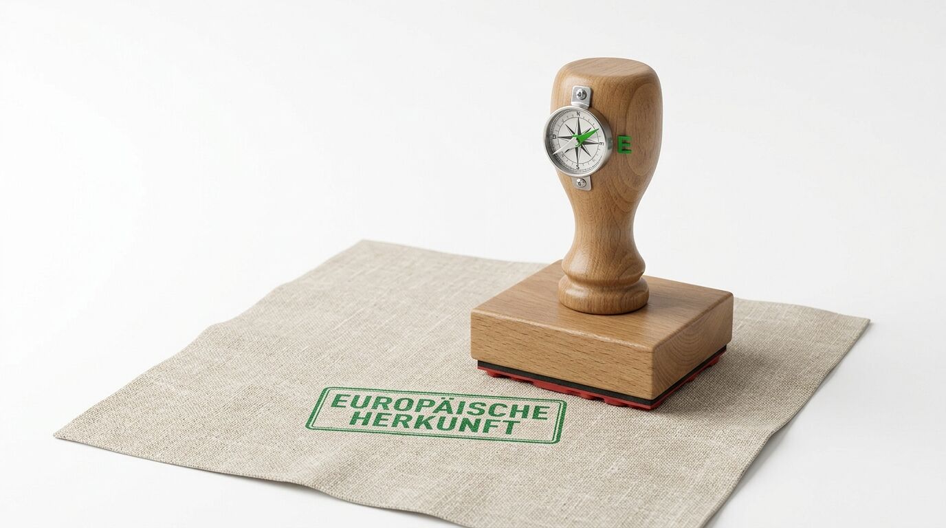 Holzstempel mit Kompass und Abdruck „EUROPÄISCHE HERKUNFT“ auf Stoff