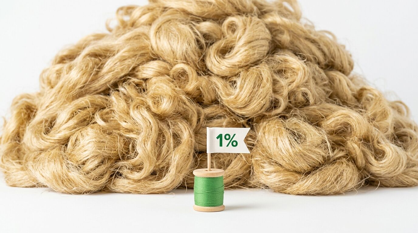 Grünes Garn mit 1%-Fahne vor einem Haufen aus naturfarbenen Jutefasern