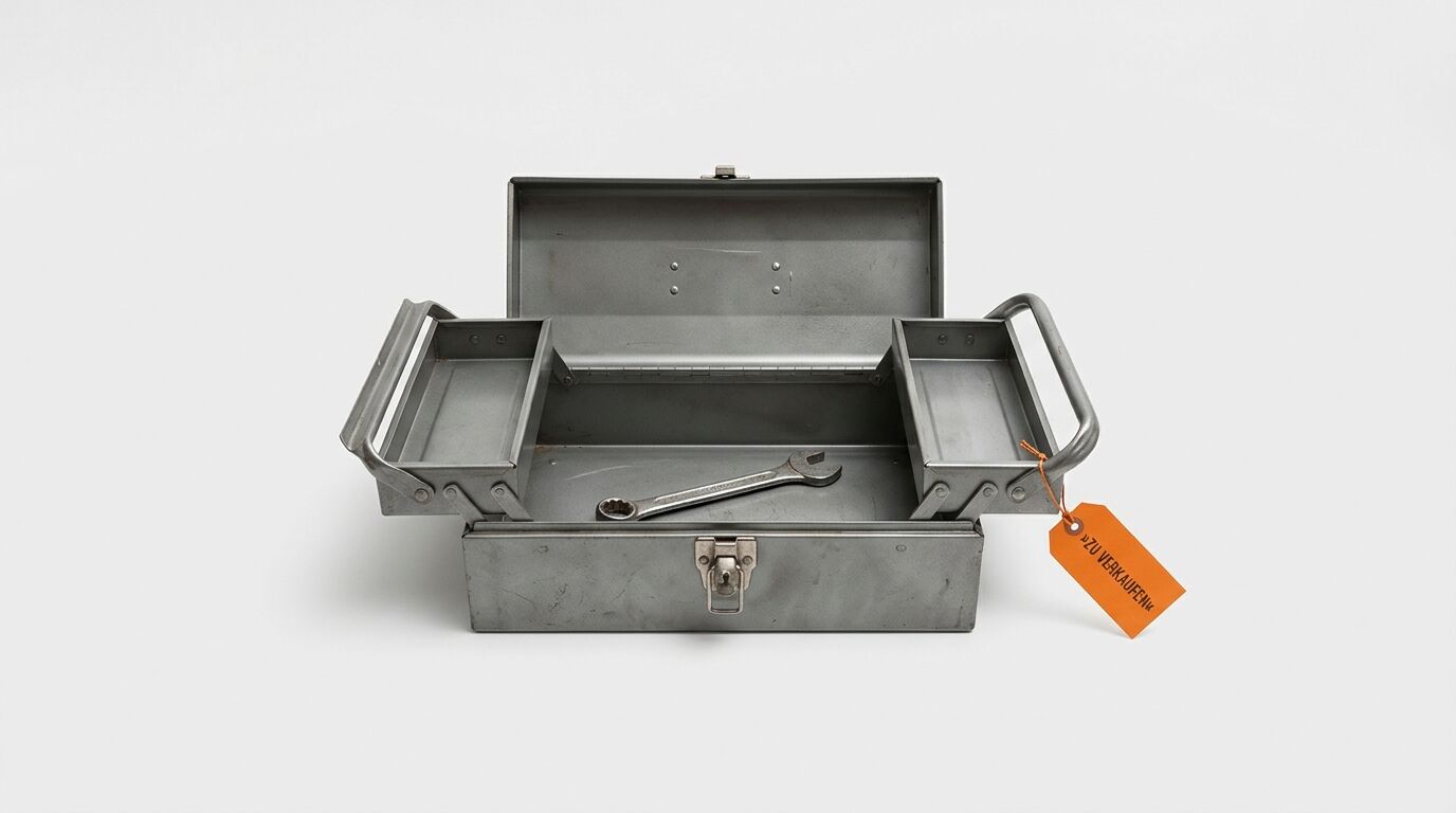 Grauer Metallwerkzeugkasten mit Schlüssel und Anhänger