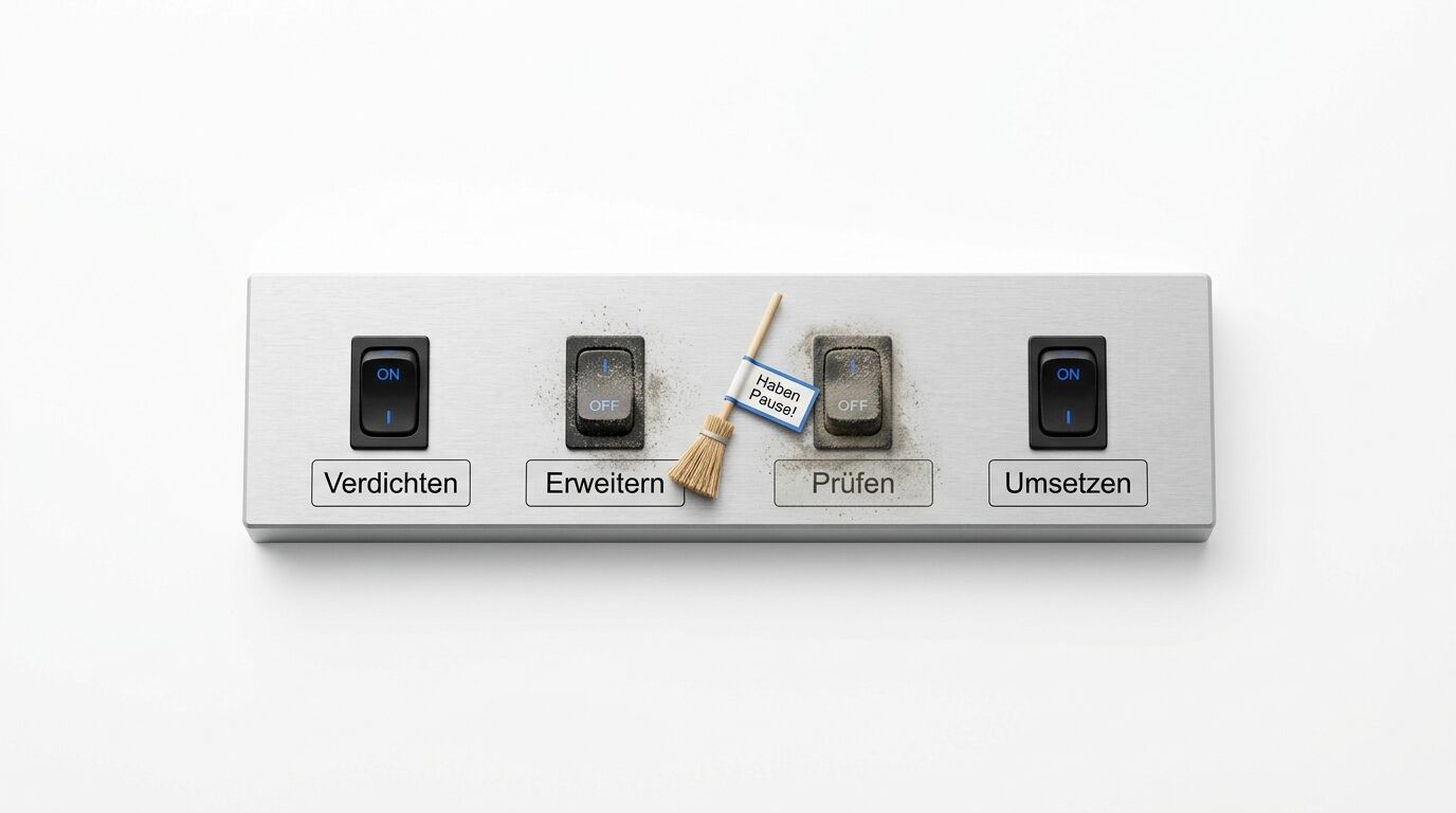 Schalttafel mit 4 Knöpfen, zwei davon verstaubt, und Miniatur-Besen mit Pause-Schild davor