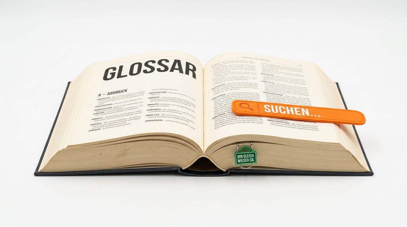 Aufgeschlagenes Glossar-Buch mit Suchleiste-Symbol und Anhänger