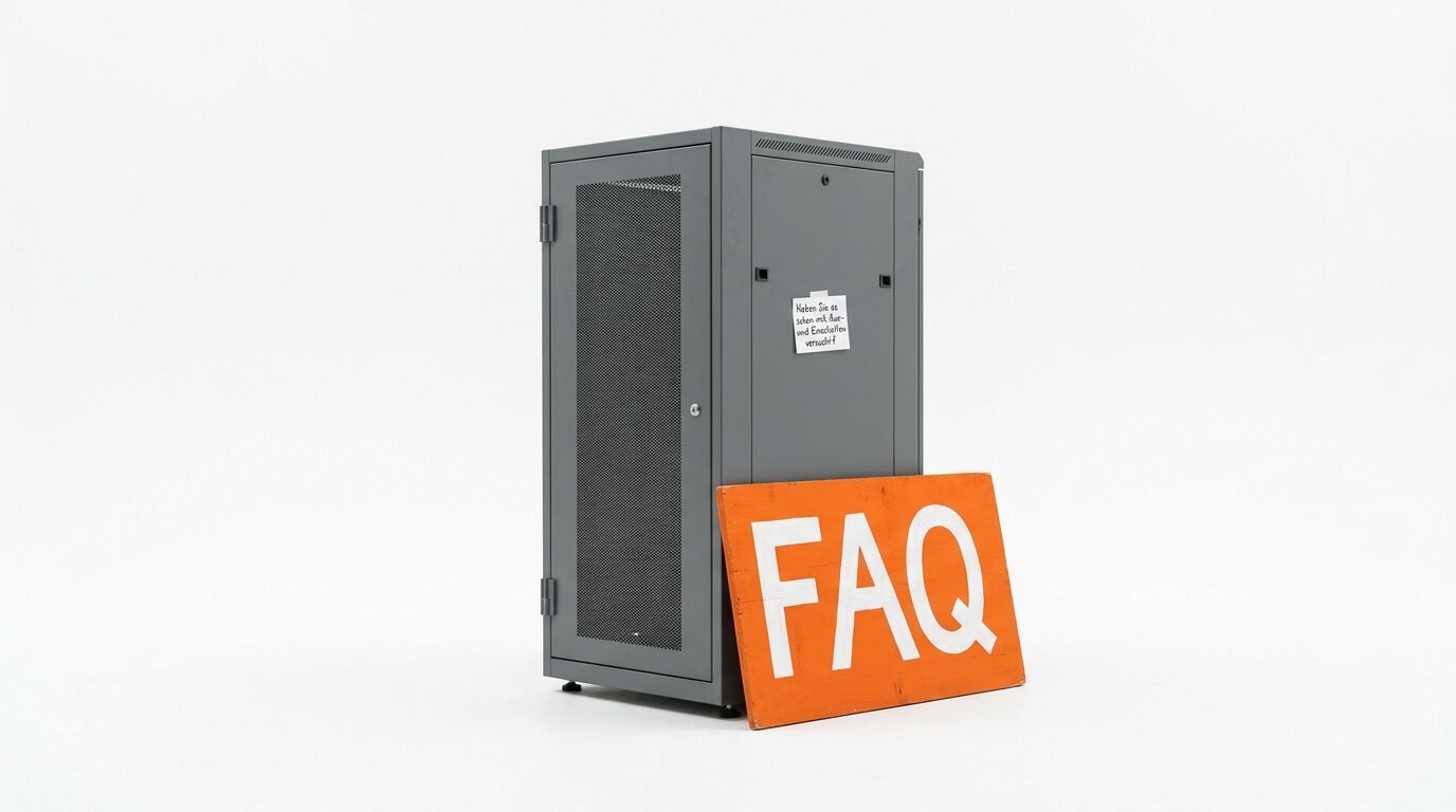 Grauer Serverschrank, Notizzettel und oranger FAQ-Aufsteller auf weißem Grund