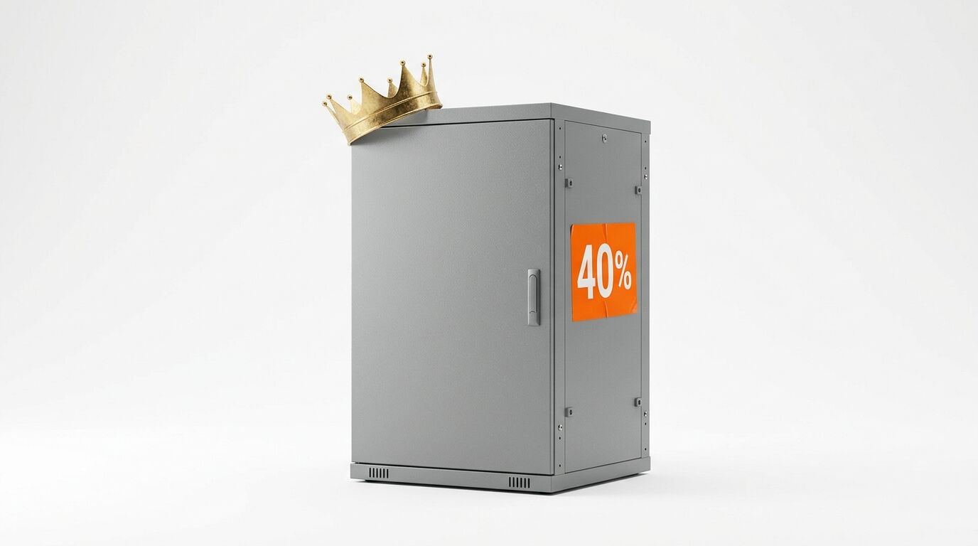 Grauer Metallschrank mit Goldkrone und 40%-Aufkleber