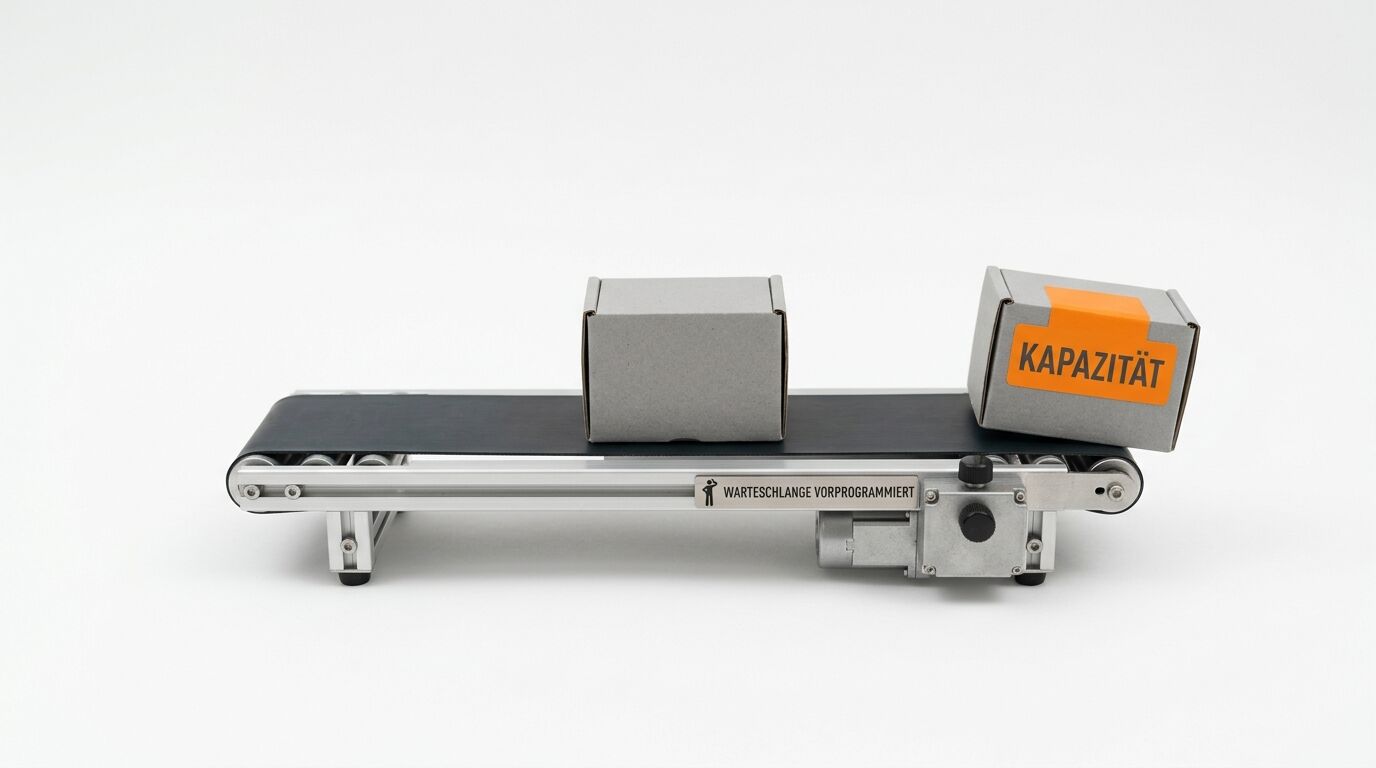 Förderband mit zwei Kartons, rechts mit orangefarbenem Aufkleber „KAPAZITÄT“, auf weißem Grund