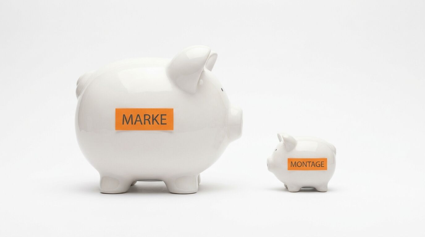 Zwei weiße Sparschweine, links groß mit „MARKE“-Label, rechts klein mit „MONTAGE“-Label