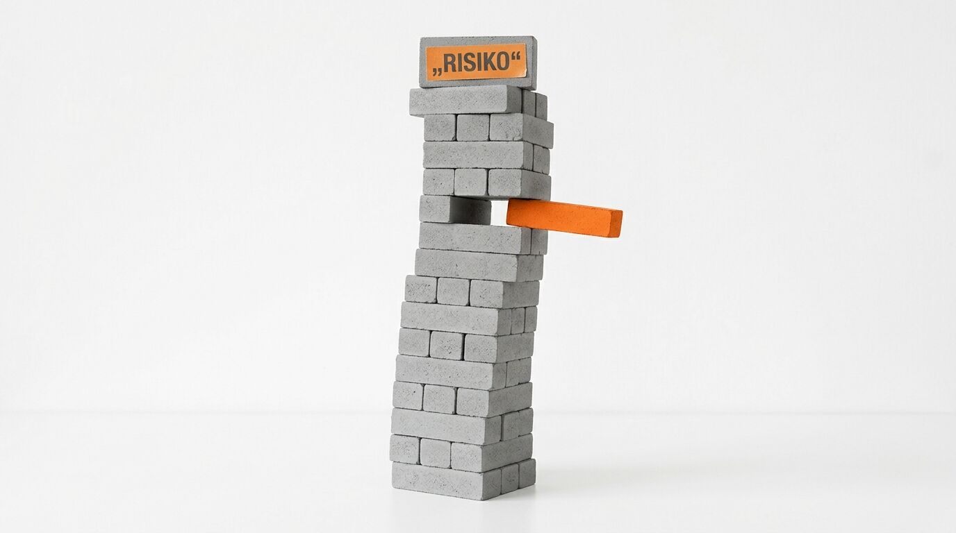 Wackeliger Steinturm mit herausgezogenem orangen Stein und Aufschrift „RISIKO“ oben