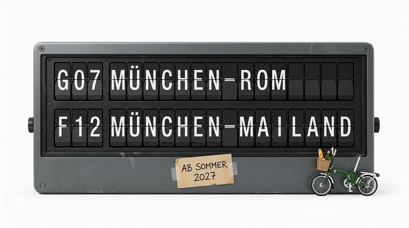 Fallblattanzeige München–Rom/Mailand ab Sommer 2027 mit kleinem Fahrrad und Notiz davor