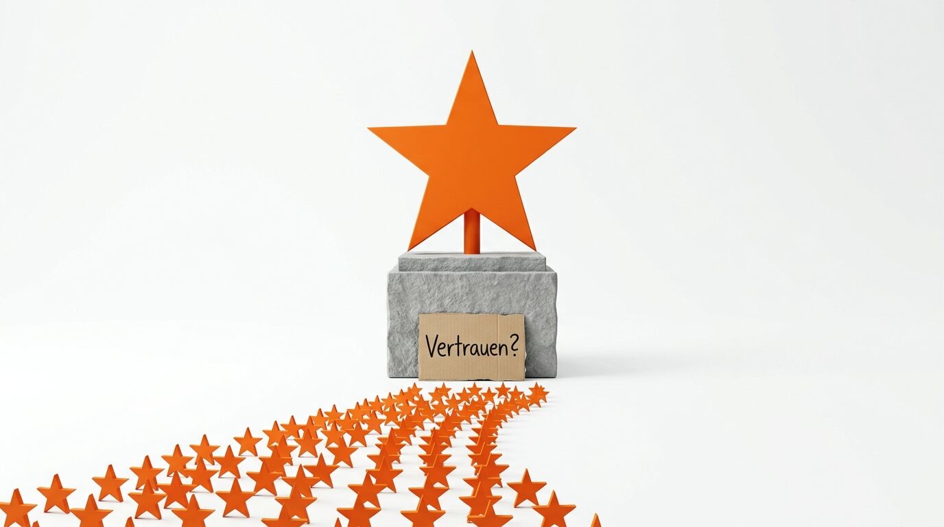 Pokal mit orangem Stern, Aufschrift „Vertrauen?“ davor, davor ein Meer aus orangen Sternen