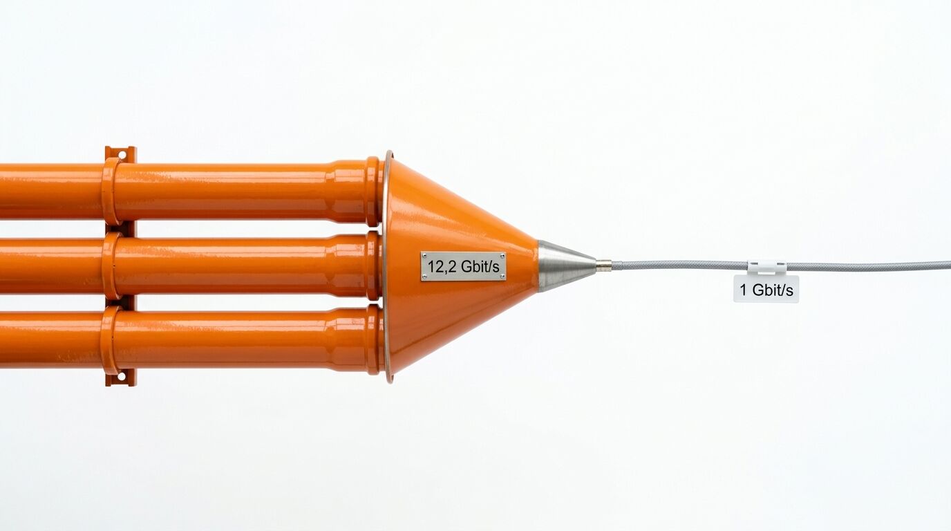 Drei orange Rohre münden in einen Trichter, gefolgt von einem dünnen Kabel