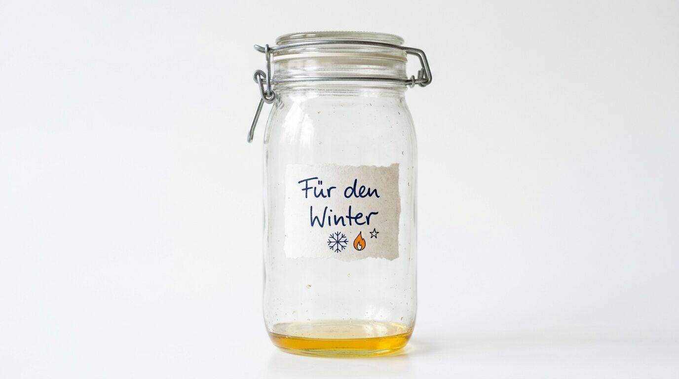 Ein fast leeres Weckglas mit Honig und handbeschriebenem Etikett vor weißem Hintergrund