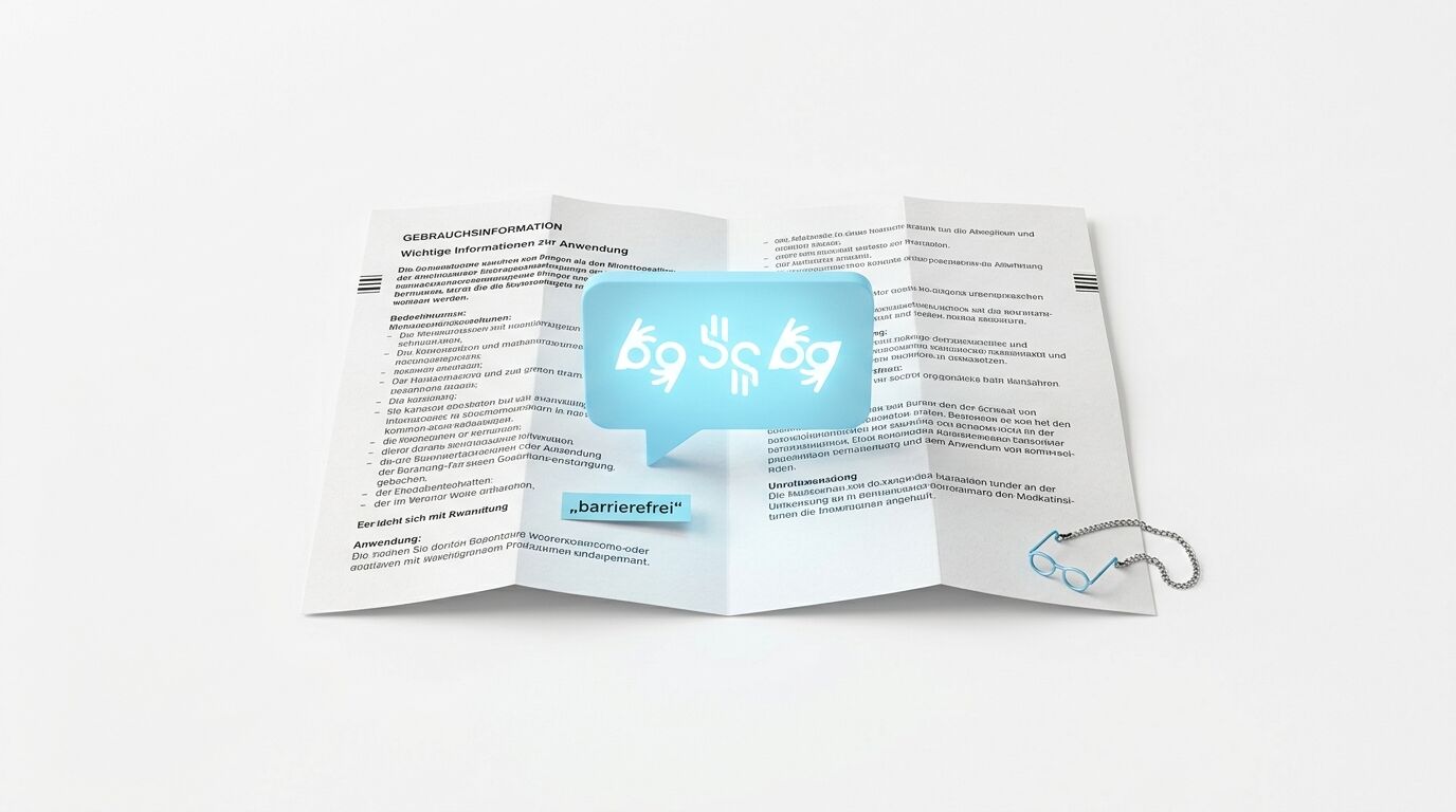 Offene Packungsbeilage mit Sprechblase und Brille, Text „barrierefrei“
