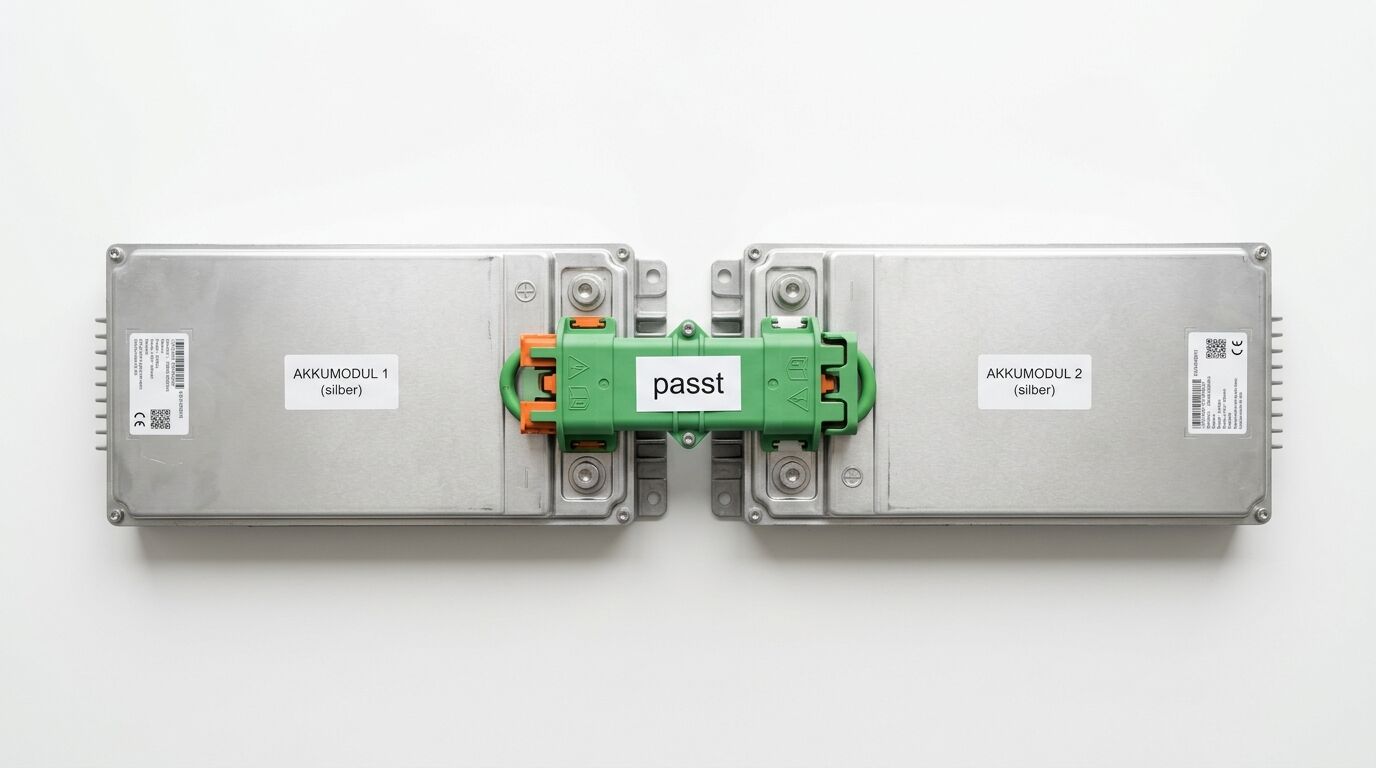Zwei verbundene silberne Akkumodule (1 & 2) mit grünem Stecker, beschriftet mit „passt“