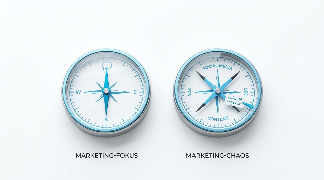 Zwei Kompasse zeigen Marketingansätze: Links "Marketing-Fokus" mit klarer Ausrichtung (W-E-S), rechts "Marketing-Chaos" mit konfusen Richtungen (Social Media, Ads, Content, SEO, Zukunft ungewiss)