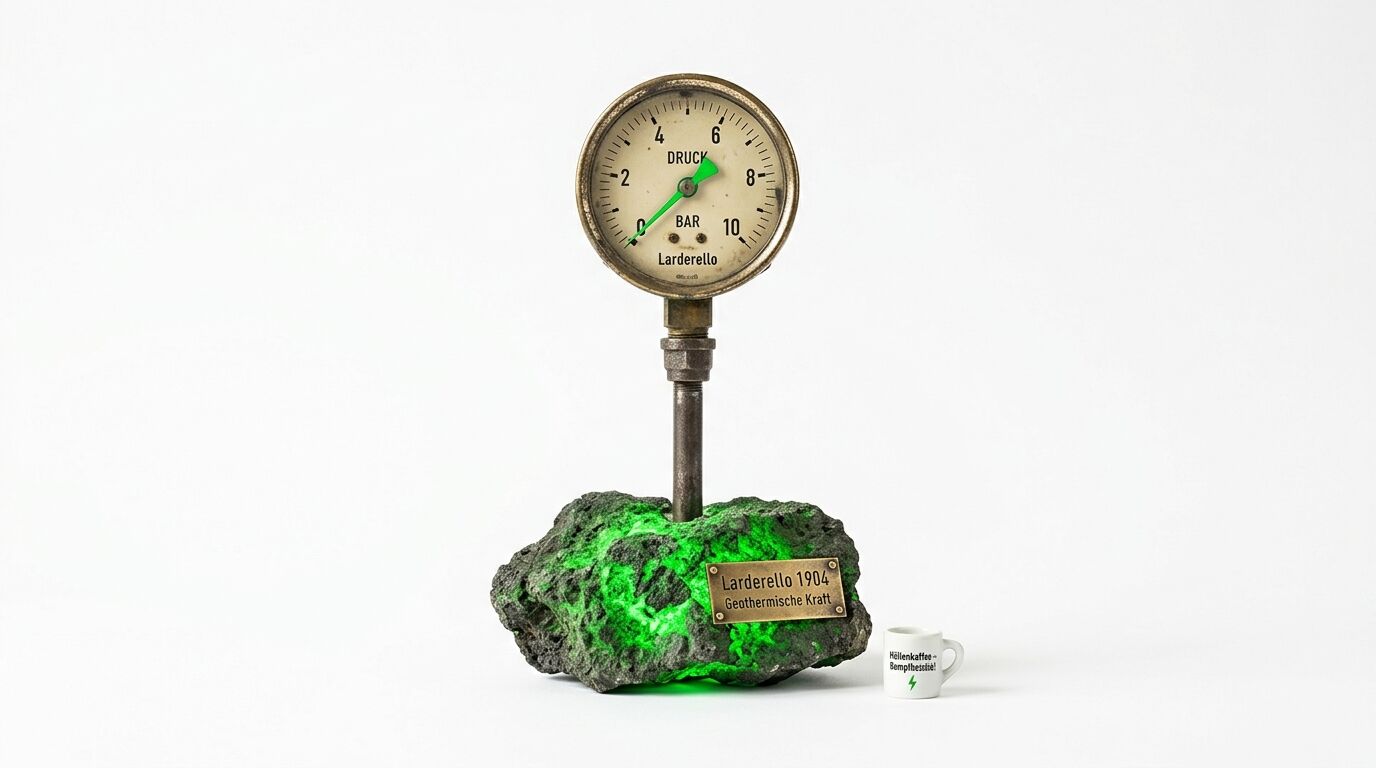Larderello-Manometer auf leuchtendem Gestein mit Schild und kleiner Tasse vor Weiß