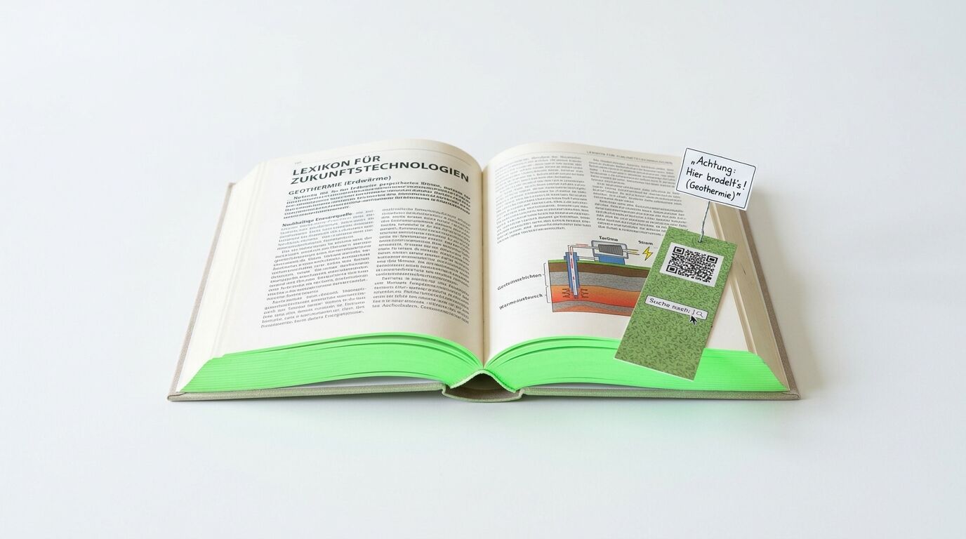 Geöffnetes Buch über Geothermie mit QR-Code-Lesezeichen und Warnschild