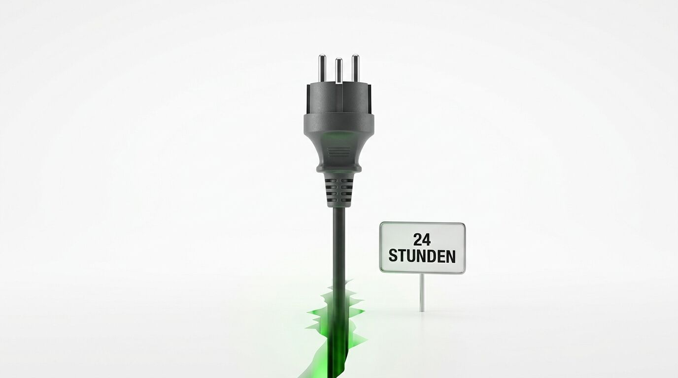 Stecker mit grün leuchtendem Kabel, rechts ein Schild mit der Aufschrift „24 STUNDEN“