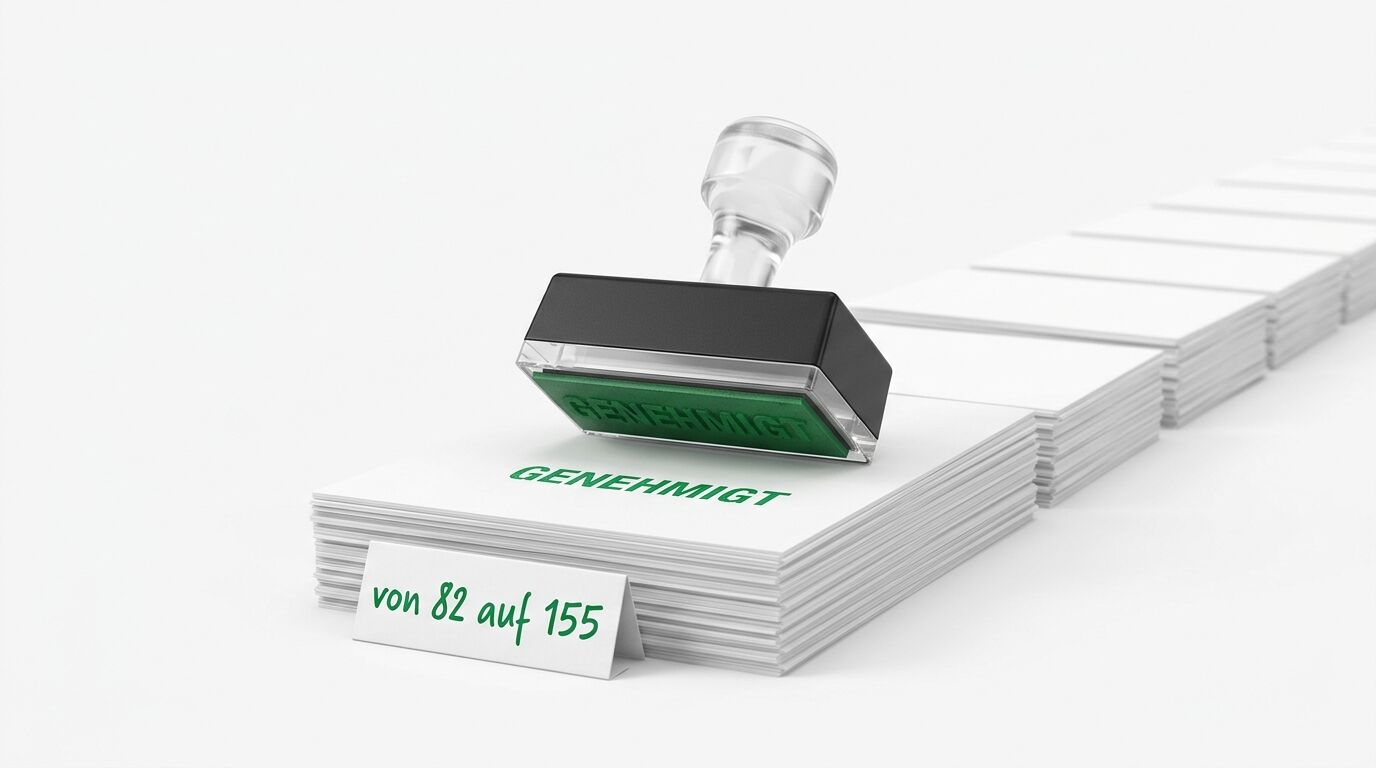 Stempel mit Aufschrift GENEHMIGT und Notiz mit der Aufschrift von 82 auf 155
