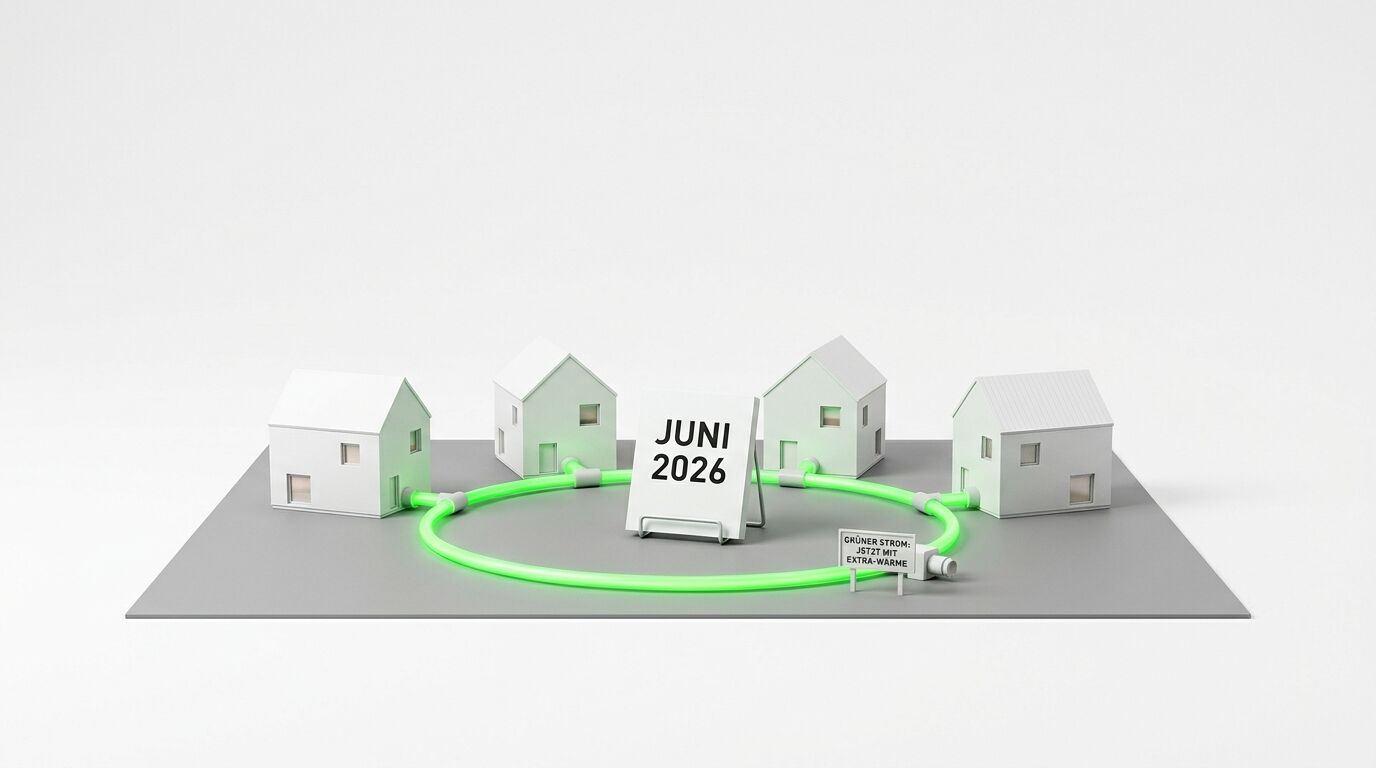 Miniaturhäuser, leuchtendes grünes Rohr, Kalender Juni 2026, Infotafel zu grünem Strom