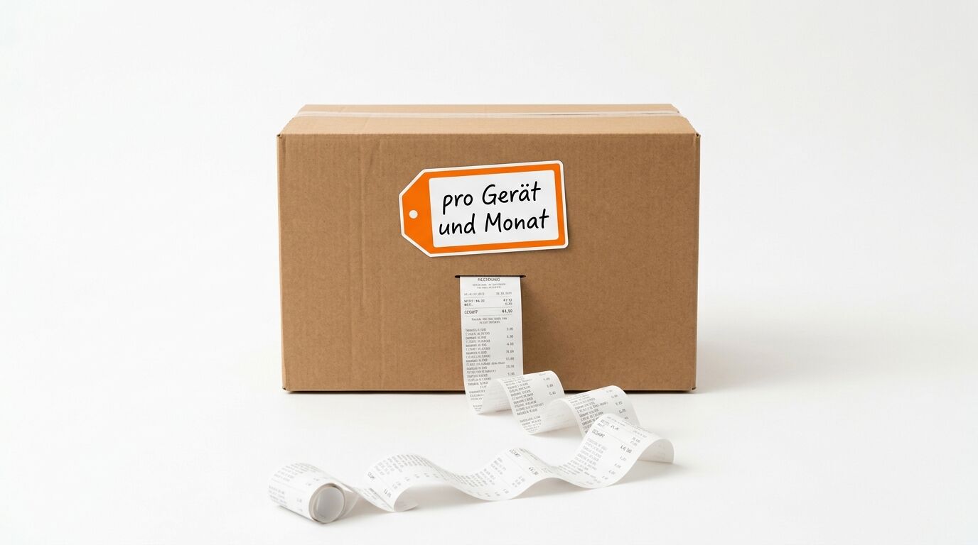 Pappe Karton Box mit orange weißem Etikett "pro Gerät und Monat" und ausgerollten Kassenbon Rollen davor
