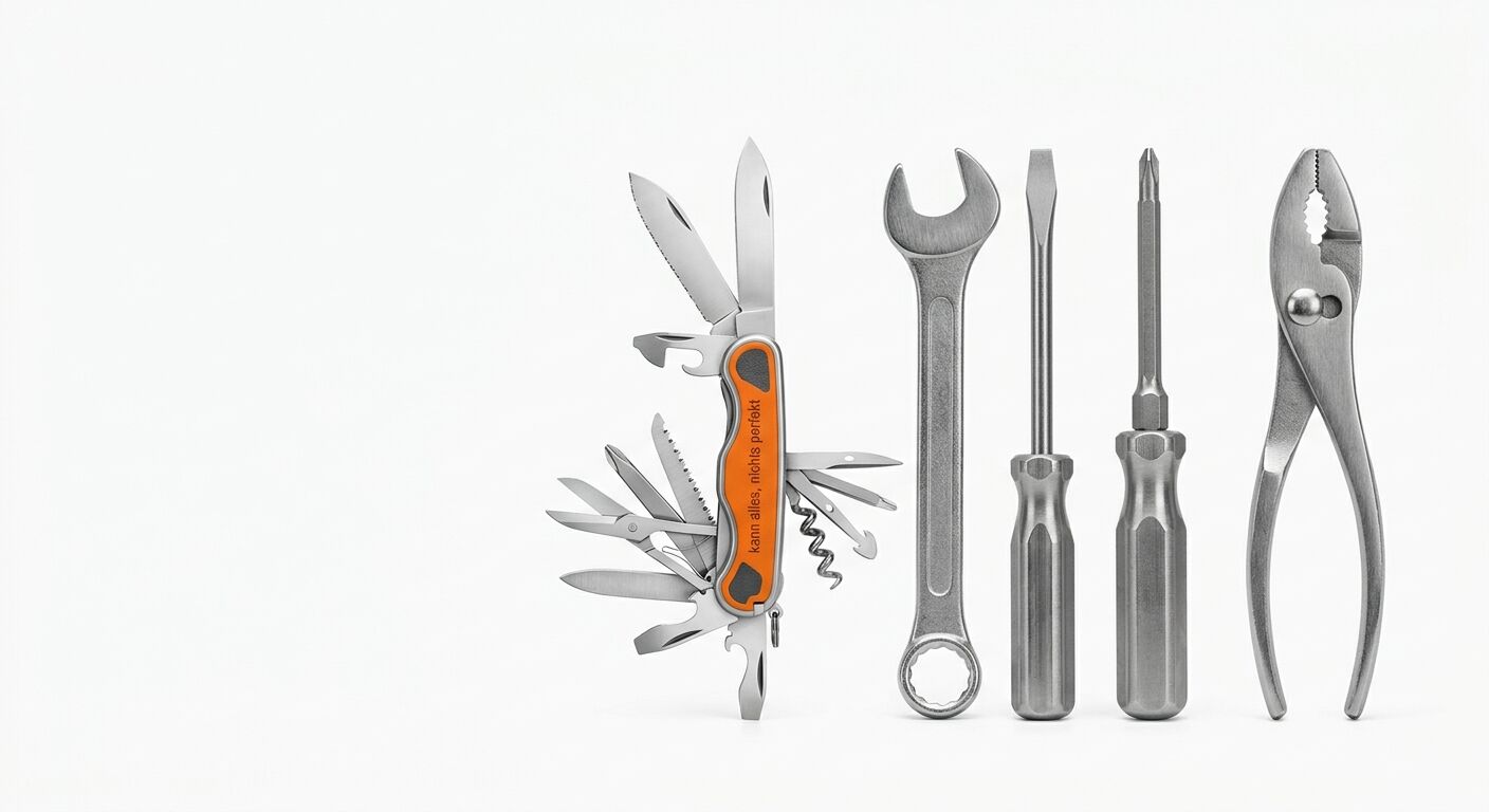 Werkzeugset mit Taschenmesser, Schraubenschlüssel, Schraubendrehern und Zange auf weißem Hintergrund