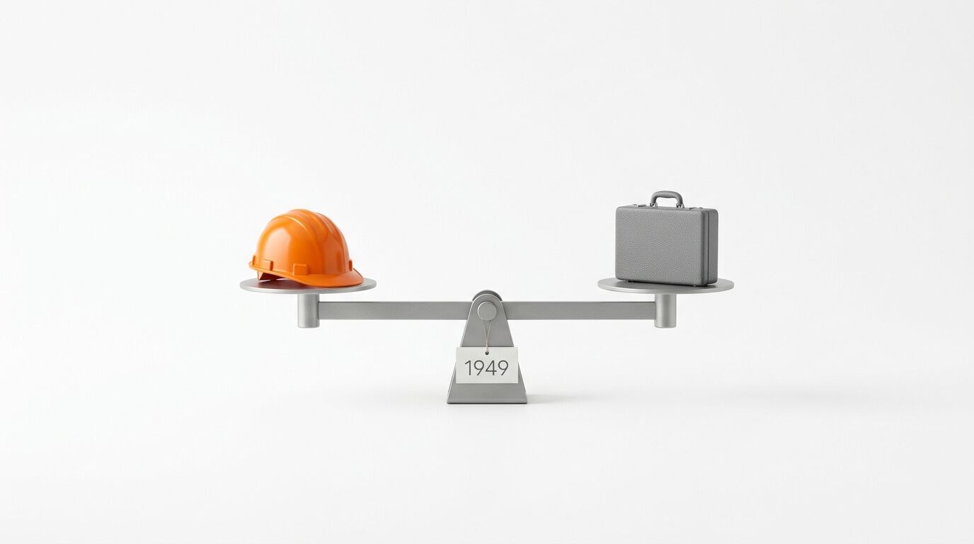 Gleichgewichtswaage mit orangefarbenem Schutzhelm und grauem Aktenkoffer, Basis mit