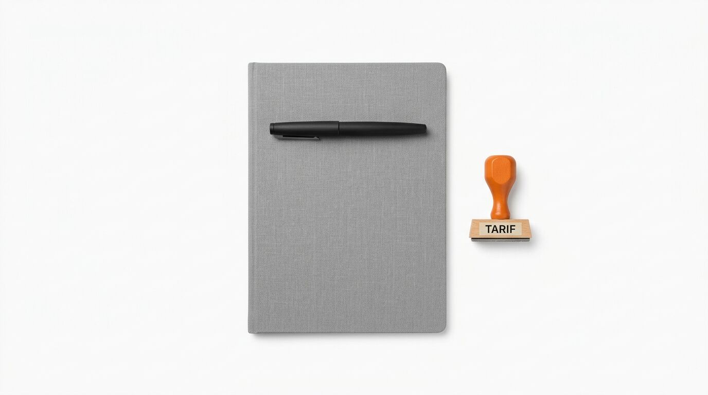 Graues Buch mit schwarzem Stift darauf und ein Stempel rechts daneben auf weißem Grund