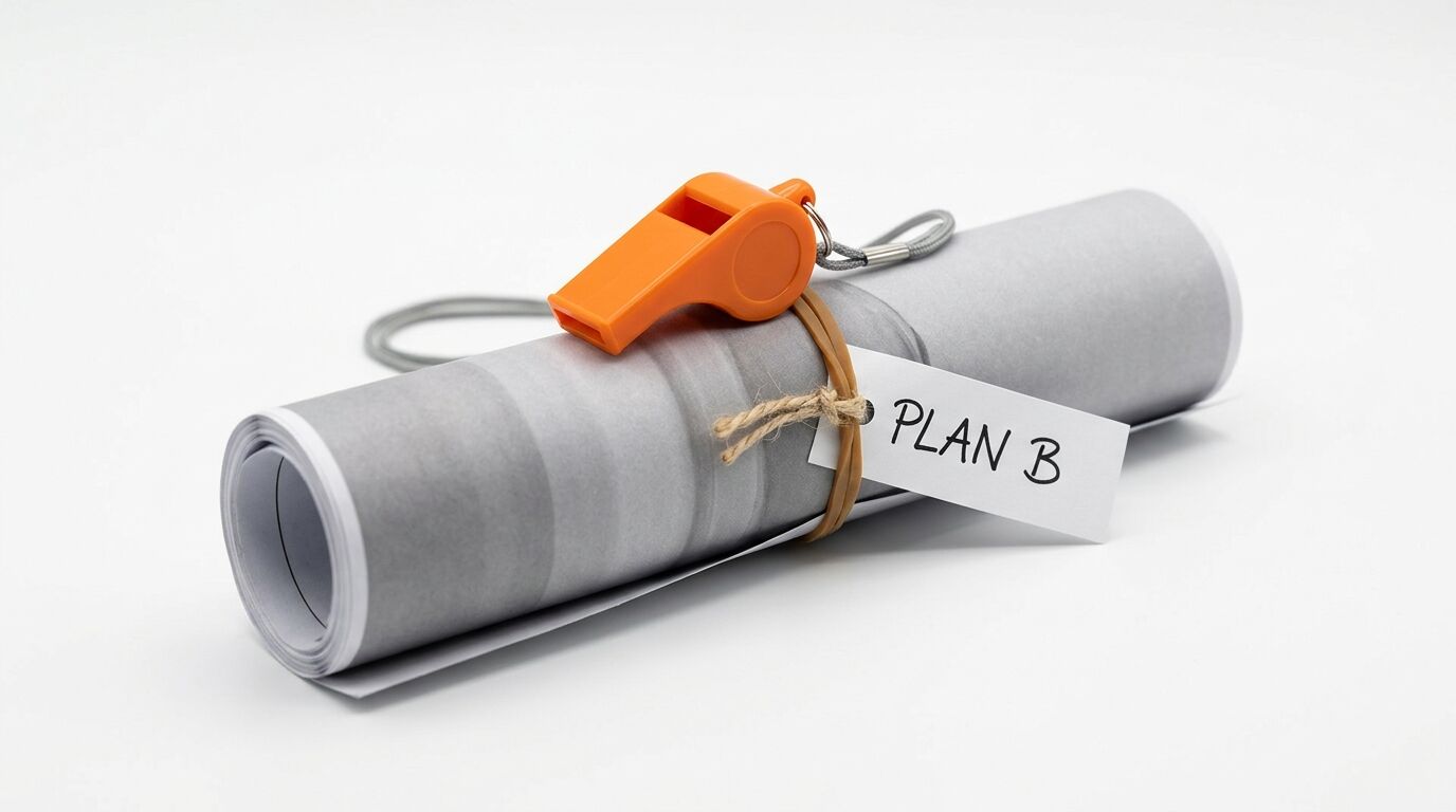 Eine Rolle Papier mit Gummiband, Anhänger mit Aufschrift „PLAN B“ und orangefarbener Pfeife