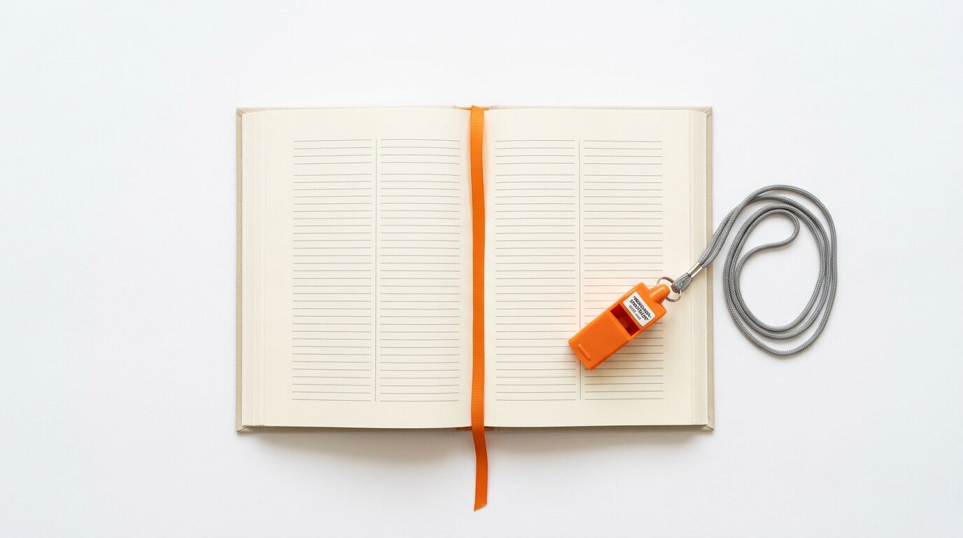 Draufsicht auf ein aufgeschlagenes, liniertes Notizbuch und eine orange Pfeife mit Schnur