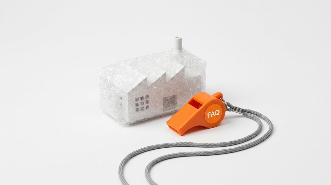Ein Modell einer Fabrik in Noppenfolie neben einer orangen Pfeife mit der Aufschrift „FAQ“