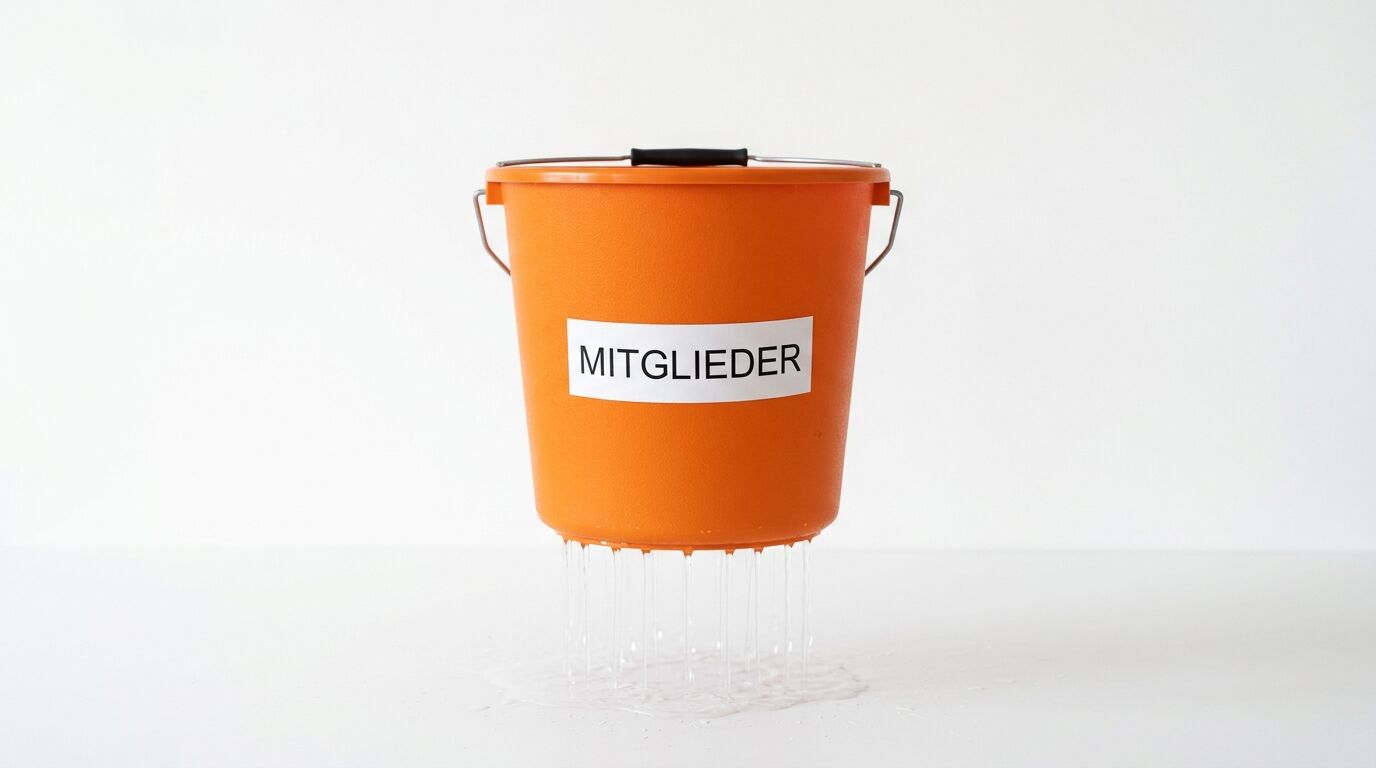 Oranger Eimer mit Aufschrift MITGLIEDER, aus dem Wasser läuft
