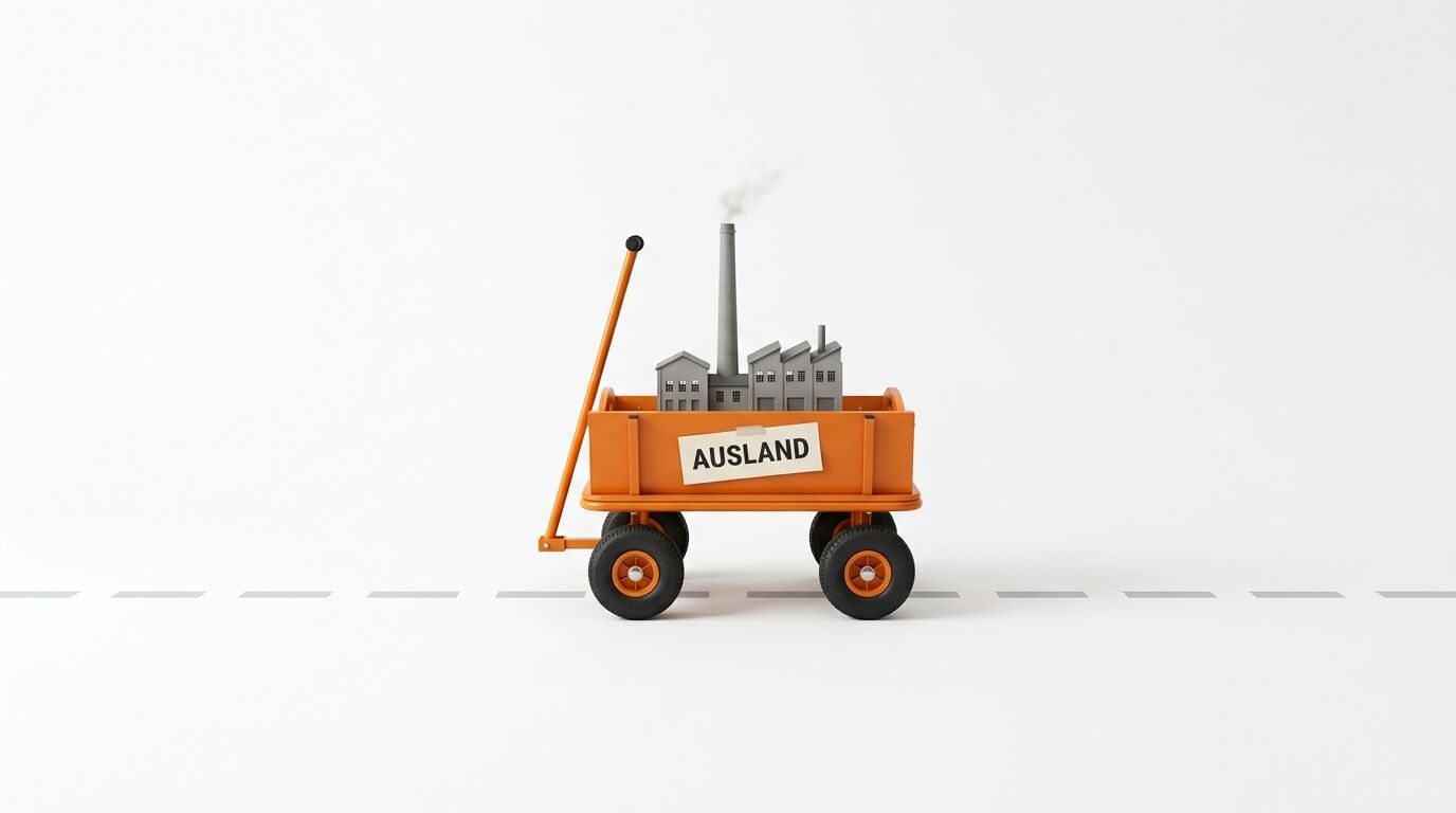 Ein orangefarbener Bollerwagen mit der Aufschrift „AUSLAND“ transportiert ein Modellwerk