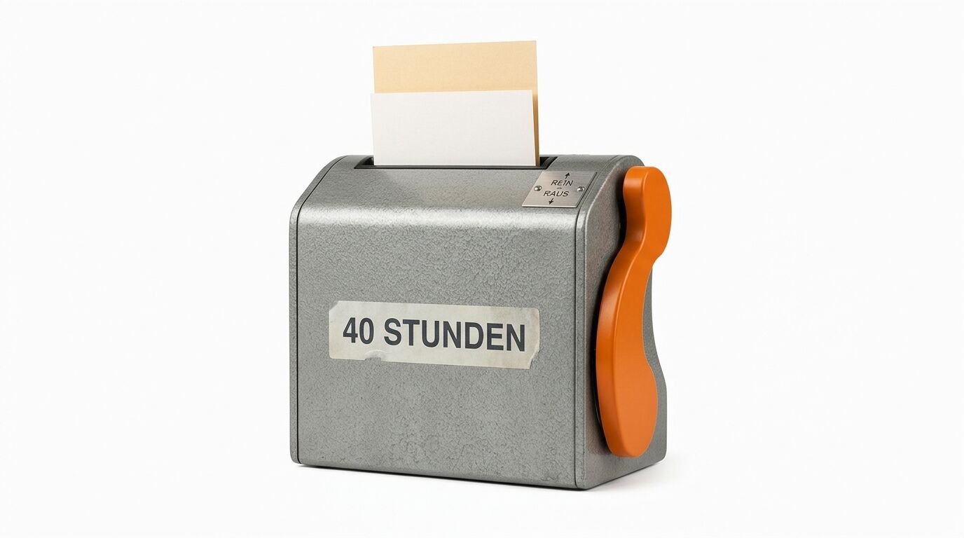Graue Stechuhr mit Kurbel und Karte, Aufschrift
