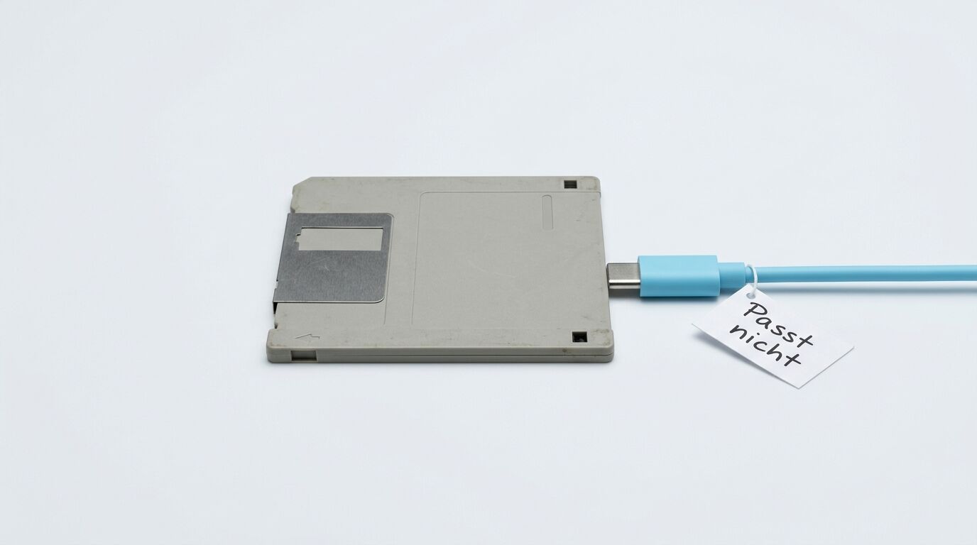 Floppy-Disk mit USB-C-Stecker und Zettel