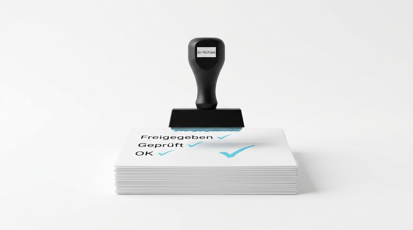 Schwarzer Stempel „KI-PRÜFUNG“ über Papierstapel mit Haken und Text